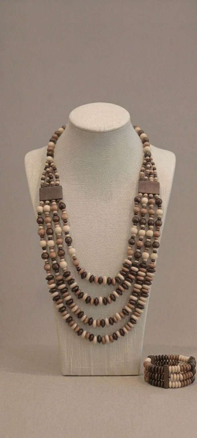 Ensemble collier +bracelet en bois, couleur café, crème